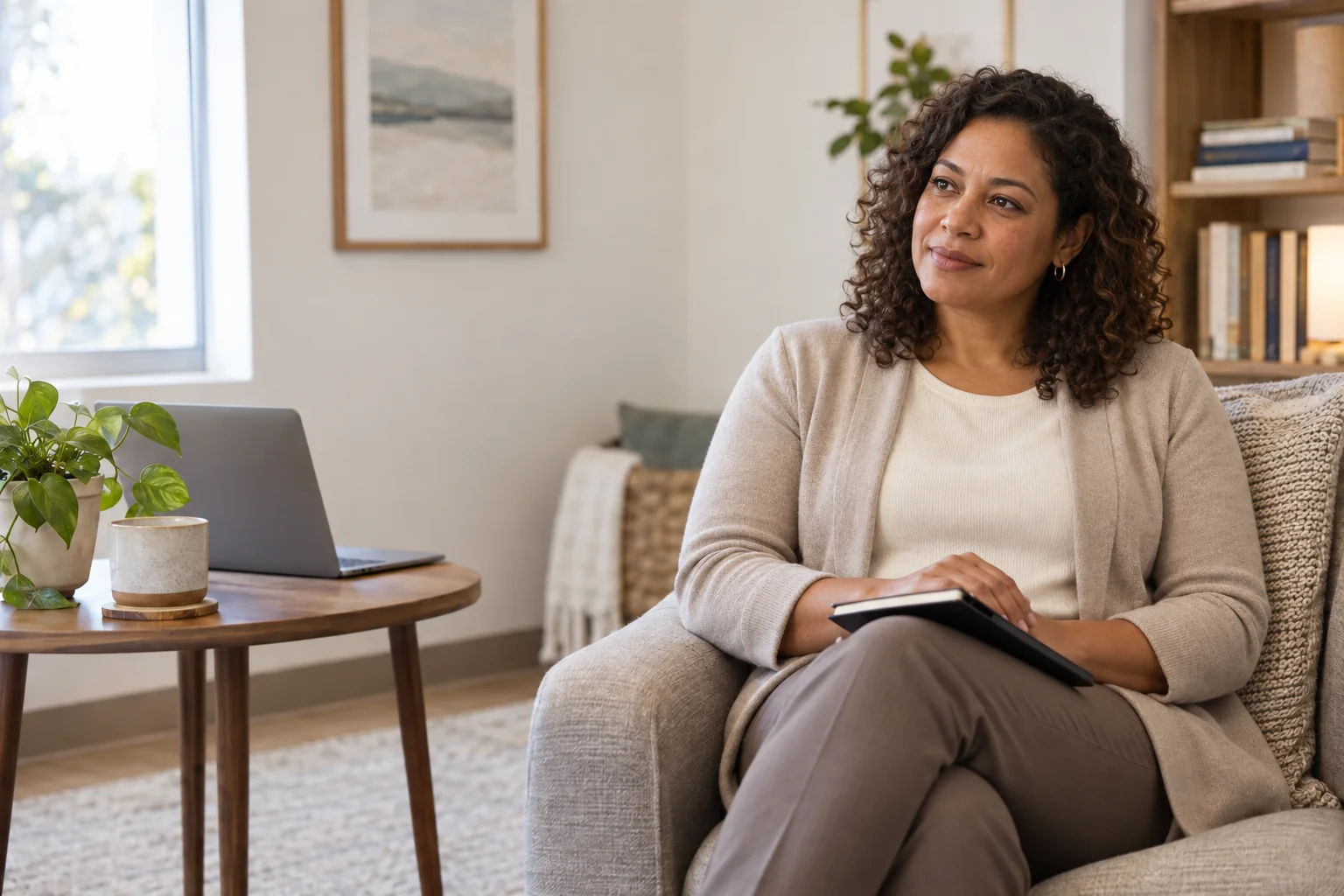 Illustrative portrait of a clinician in a welcoming consultation office